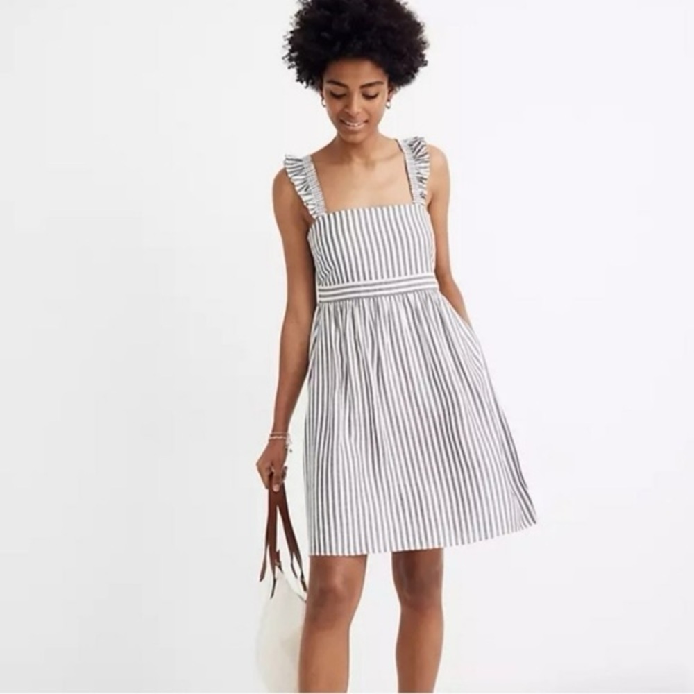 Madewell Ruffle Strap Empire Dress with grey and white pinstripes - Size 14 NWT